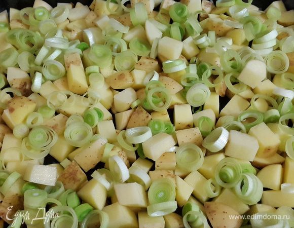 Картофель поем щеточкой, режем кубиками и выкладываем на противень. Смазывать масло не нужно. Сверху выкладываем нарезанный колечками лук-порей.