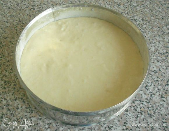 Разъёмную форму диаметром 20 см смазать маслом, на дно положить пекарскую бумагу, стенки присыпать мукой. Вылить тесто в форму и выпекать около 60-75 минут. Проверять готовность деревянной шпажкой. Готовый корж остудить на решётке, на ночь накрыть полотенцем.
