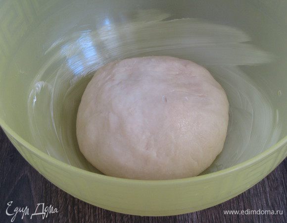 Добавить теплую воду, растительное масло и яйцо. Вымесить тесто руками в течении 10 минут. Тесто должно получиться мягким и эластичным, не липнуть к рукам. Выложить тесто в миску, смазанную маслом, затянуть пищевой пленкой и оставить для подъема, примерно на 1 час. На фото тесто еще не поднялось.