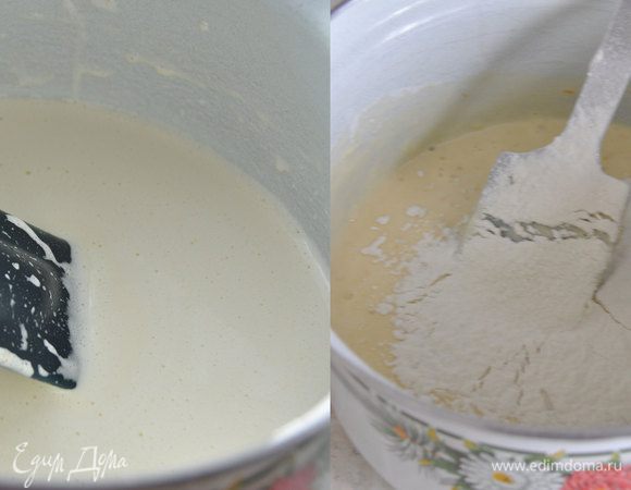 Добавить апельсиновый сок, растительное масло (без запаха) и половину столовой ложки апельсиновой цедры и аккуратно перемешать.
Сюда же просеять муку, смешанную с крахмалом и разрыхлителем. Аккуратно перемешать силиконовой лопаткой.
