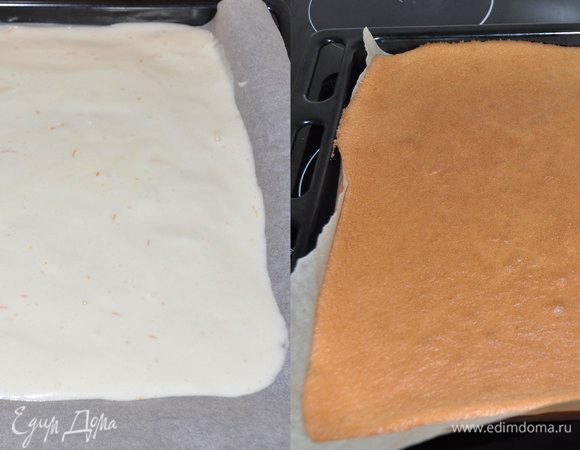 Вылить тесто на противень, застеленный пергаментом и выпекать в разогретой до 180 градусов духовке около 20 минут до пробы на сухую лучинку.
