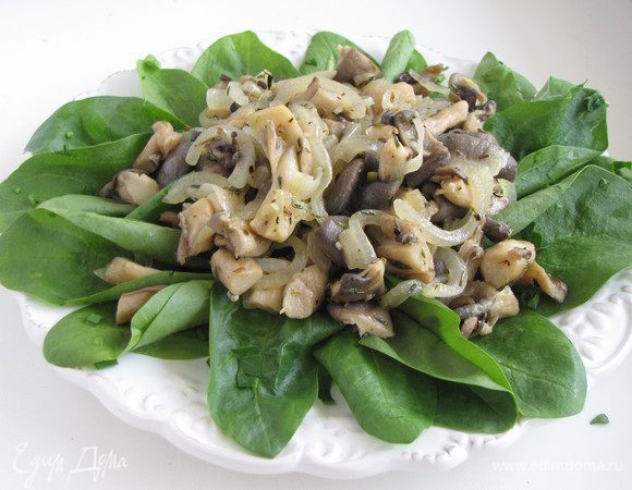 Разложите салатную зелень по тарелкам, сверху выложите порцию теплых грибов. Полейте салат горячей заправкой.