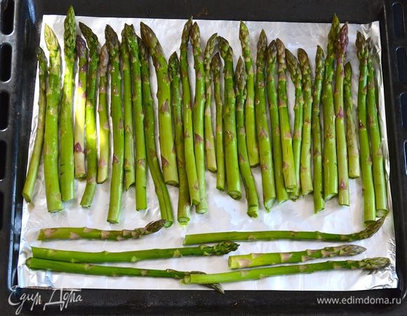 Большой противень застелить пекарской бумагой или фольгой. Выложить в один слой спаржу. Посолить и поперчить по вкусу. 