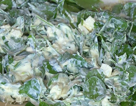 Приготовить начинку: творог перемешать со сметаной и яйцами, затем добавить фету, зеленый лук и шпинат, посыпать мускатным орехом, посолить, поперчить и еще раз перемешать.