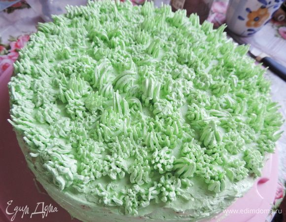 Готовый крем я подкрасила зеленым пищевым красителем.Сначала я обмазала весь торт тонким слоем крема. БОльшую часть крема я отложила в кондитерский мешок с насадкой "травка" и оформила верх торта.