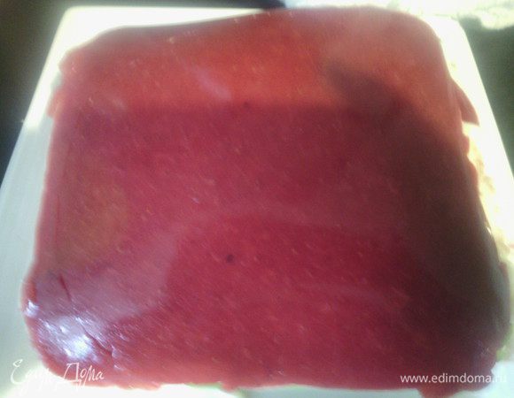 Теперь нужно быстро выложить на тарелку или форму (чтобы можно легко вынуть) и распределить тонким слоем клубнику и киви. Убрать в холодильник. 