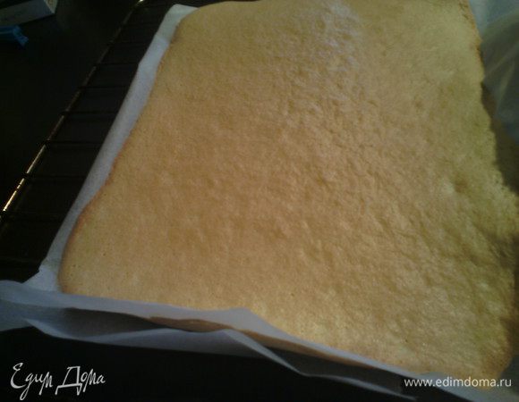 Выложить массу на противень, застеленный пекарской бумагой, и выпекать в заранее разогретой духовке 180 °20 минут (смотрите по вашей духовке). По истечении времени, вынуть и дать остыть на решетке, накрыв сырым полотенцем. 