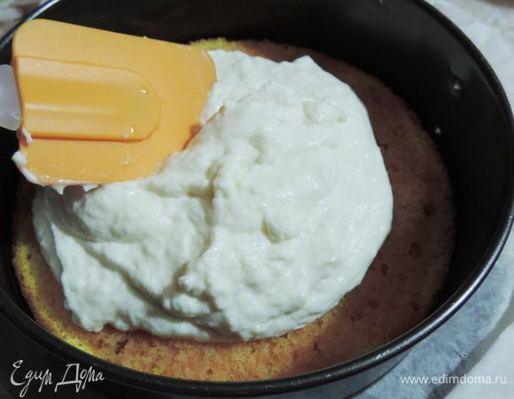 Выкладываем на пропитанный пласт бисквита, заключенный в кольцо. Накрываем вторым слоем бисквита. Убираем в холодильник.