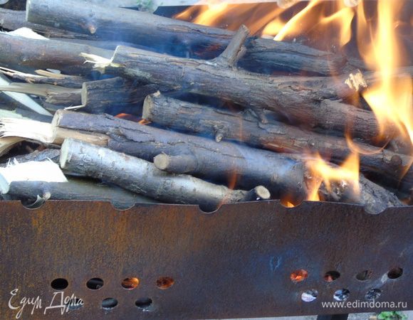 Пока рыбка настаивается приправами мы разжигаем мангал)