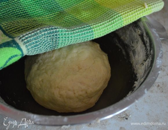 Замешиваем нежное, приятное на ощупь тесто. Оно не липнет к рукам. Накрываем полотенцем и ставим тесто подходить в теплом месте, чтобы оно увеличилось в два раза. У меня это заняло где-то час времени.