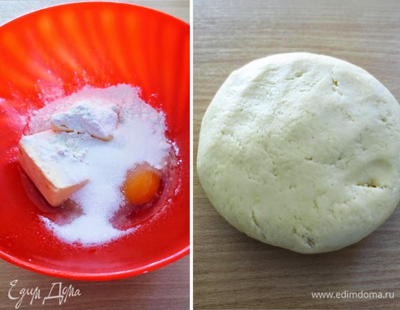 В миску положить порезанное на кусочки? сливочное масло комнатной температуры,добавить яйцо, высыпать ванильный сахар, сахарную пудру и разрыхлитель, взбить миксером в течении 2-х минут. После чего просеять муку и замесить тесто. Тесто завернуть в пленку и поместить в холодильник на 10-15 минут.