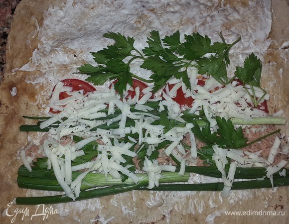 Выкладываем полосочкой тунец, по бокам раскладываем лук в 2 ряда, следом рядом помидоры, сверху петрушку, солим, перчим и посыпаем тертым сыром.