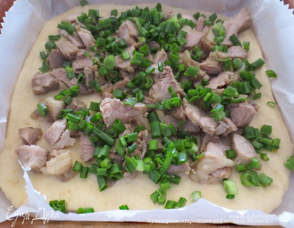 Помыть зеленый лук, мелко порезать, положить на мясо.