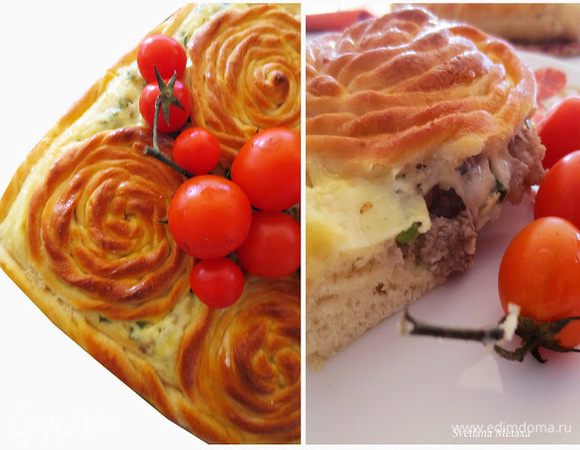 Готовый пирог украсить помидорами черри.