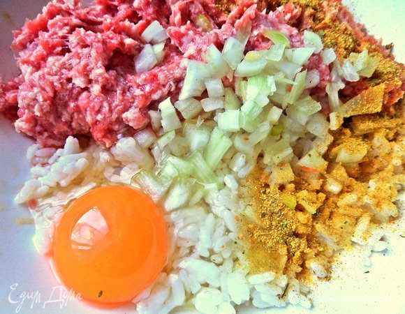 Добавить яйцо, немного лука, приправы для фарша.