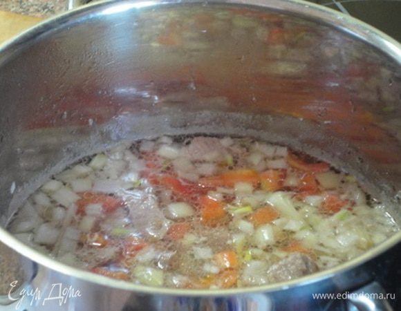 Лук и чеснок нарезать мелкими кубиками. В кастрюлю влить воду и выложить мясо. Довести до медленного кипения и собрать пенку. Затем добавить лук, чеснок, томатную пасту (я использовала свежий помидор, очистив его от кожицы и нарезав кубиками), растительное масло и винный уксус. Варить под крышкой на слабом огне 1 час (для свинины) или 1,5 часа (для говядины).