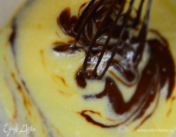 Шоколад растопить на водяной бане (я беру в равных пропорциях темный и молочный). Добавить в основную массу и перемешать до однородности цвета.