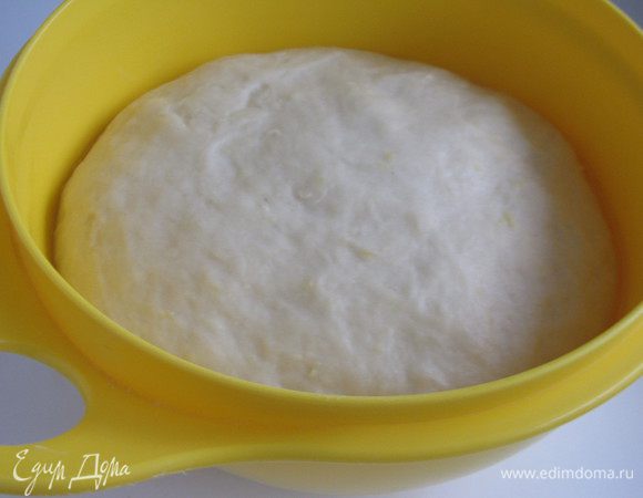 Добавить в опару желток, щепотку соли, лимонную цедру, растопленное сливочное масло и всыпать оставшуюся муку и сахар. Замесить мягкое тесто. Если нужно, добавьте еще немного муки. Тесто не должно липнуть к рукам, но при этом оставаться мягким и эластичным. Дать тесту еще раз подняться в теплом месте. 