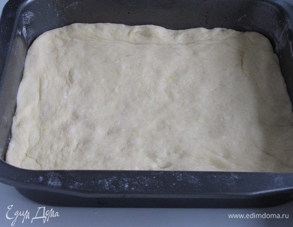 Форму для выпечки (у меня 25х25 см) слегка припорошить мукой. Подошедшее тесто обмять, раскатать немного скалкой и выложить в форму.