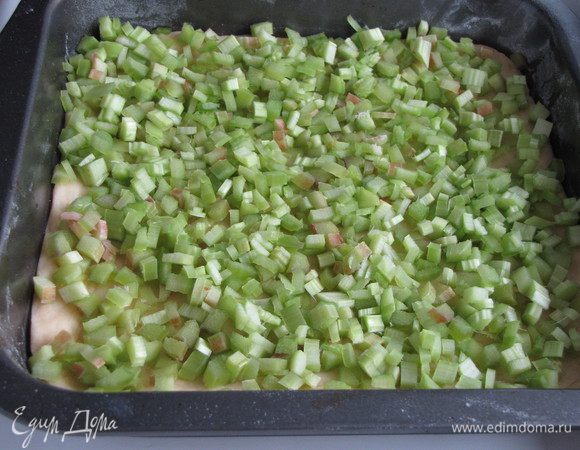 На тесто равномерно выложить ревень. Посыпать сверху ванильным сахаром.