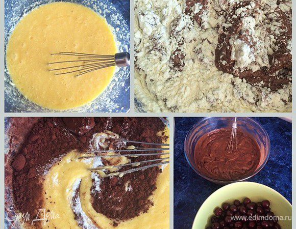 Взбиваем масло, сахар, яйца. 
Добавляем какао, ванилин, муку, разрыхлитель.
Замешиваем тесто и вмешиваем в него аккуратно вишню (свежую, предварительно удалив косточки или замороженную, кто чем богат).

 