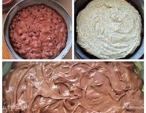 Разогреваем духовку до 170 градусов.

Большую часть теста выкладываем в форму, разравниваем лопаткой.
Затем сверху выкладываем творожно-маковую начинку.
И завершающий шаг - оставшееся тесто с вишней.