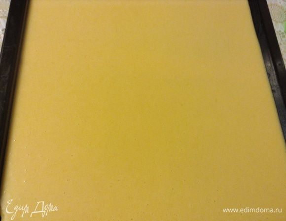 Вылить на противень с бумагой, выпекать при 170С 20-25 минут, смотрите по духовке, не пересушите. Вырезать два коржа по 20 см.
