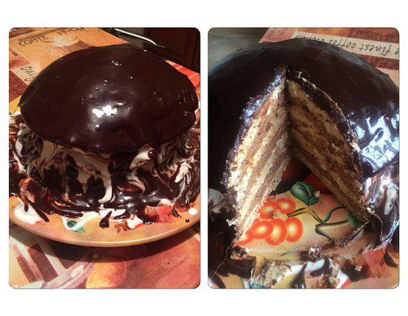 Сварить глазурь - сначала растопить масло с сахаром, добавить молоко и в последнюю очередь какао, варить до растворения какао, но не давать закипеть, чуть остудить и залить сверху торт.