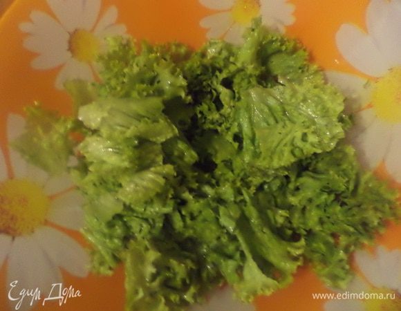 В салатник выложить порванные листья салата, редис, огурцы, картофель, зелёный лук.
