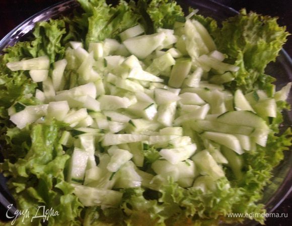 Огурцы мелко нарежьте и выложите к листьям салатам.