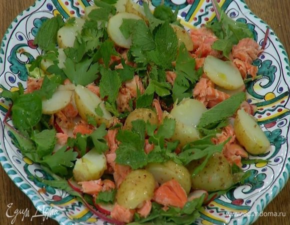 Посыпать салат листьями петрушки, кинзы и мяты, слегка сбрызнуть оливковым маслом и посолить.