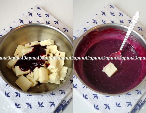 Для начинки смешать белый шоколад с пюре из черной смородины. Нагреть на водяной бане, хорошо перемешивая до растворения шоколада. Добавить в теплую смесь кусочек масла, перемешать. Пробить блендером. Переложить начинку в кондитерский мешок и убрать в холодильник для охлаждения.