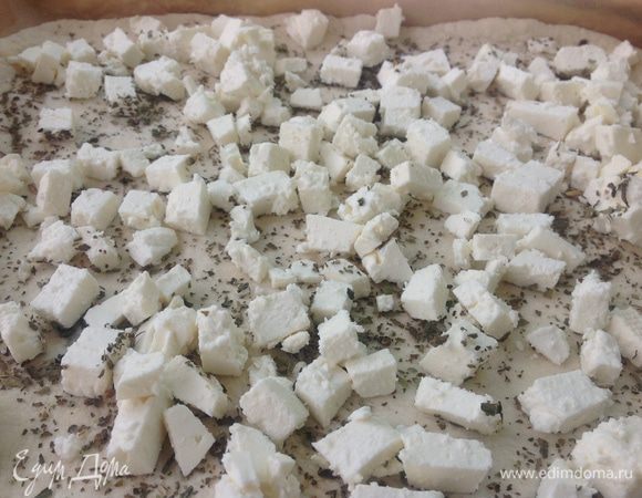 Тесто хорошо поднялось, смазываем доску оливковыми маслом (немного) и раскатываем корж толщиной 0,5 см, из этого количества теста выходит 2 коржа 25*30 см или один большой корж на весь стандартный противень, посыпаем корж густо (!) сухим базиликом, поверх выкладываем порезанную соленую брынзу.