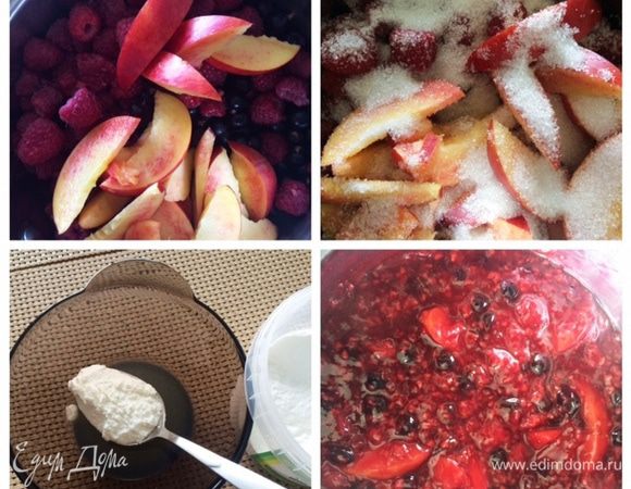 Ягоды используем по своему вкусу, либо какие есть в наличии.
У меня была малина, черная смородина и 2 персика.
Укладываем в сотейник ягоды и порезанные персики, пересыпаем сахаром, у меня буквально две ложки. Оставляем минут на 15, ягоды пустят немного сока.

Ставим сотейник на огонь, провариваем ягоды. Крахмал разводим в соке, и заливаем ягоды. Помешиваем, доводим до кипения, снимаем с огня и остужаем.
