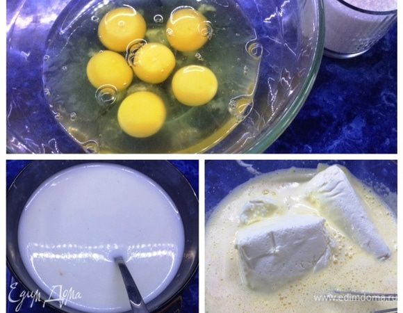 Манку залить молоком и оставить в сторонку, она немного набухнет. Вместо манки можно добавить в творог крахмал (лично я предпочитаю манку).
Яйца засыпаем сахаром, добавить ванильный сахар, взбиваем. Добавляем творог, перемешиваем. Затем добавляем масло сливочное, опять все взбиваем.
К полученной смеси добавляем набухшую манку, затем лимонный сок и также все перемешиваем.
Творожный слой готов.