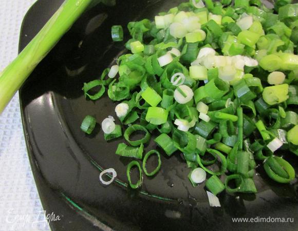 Зеленый лук помыть, обсушить и мелко измельчить.