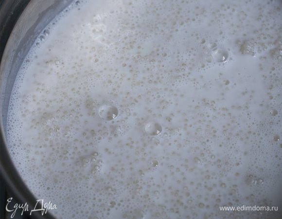 В кастрюлю налить молоко, добавить тапиоку и варить 5 минут на сильном огне.