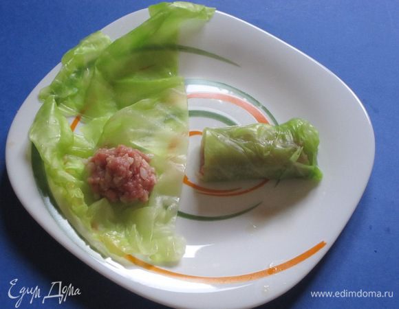 На каждую половинку листа выложить по 1 чайной ложке фаршу, свернуть рулетиком.