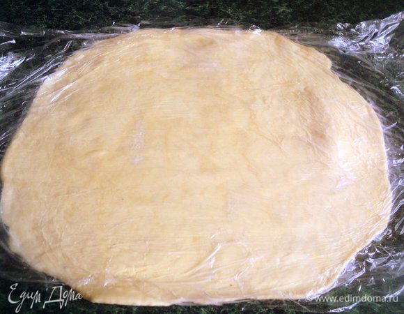 Тесто разделить на части 2/3 и 1/3 и каждую часть раскатать между двумя слоями пищевой пленки. Положить раскатанные пласты теста в пленке в холодильник на 30 минут.