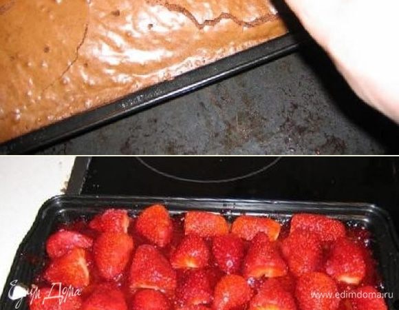 Простой трюк, чтобы проверить готовность: просто ткните пирог зубочисткой и вытащите её. Если тесто не остается на зубочистке пирог готов.
Наш пирог уже готов-вынимаем его из духовки.

Важно! Прежде чем положить клубничный джем на вершину пирога позвольте пирогу немного остыть. А затем порежьте клубнику пополам и положите её поверх джема.