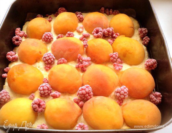 На выпеченный  корж выложить половинки абрикос и малину.