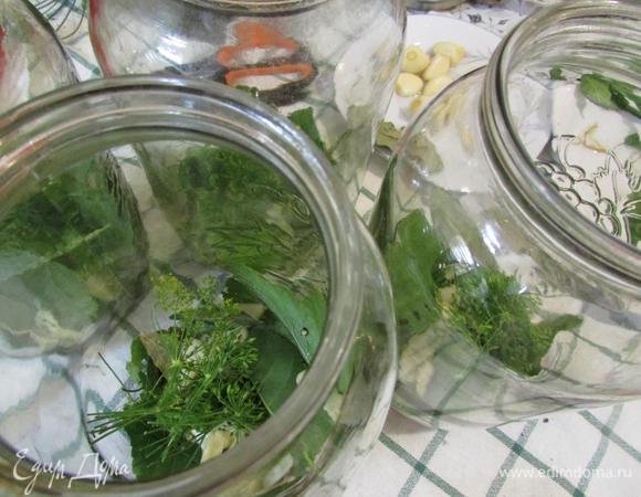 На дно стерилизованных банок положить подготовленные листья и специи.