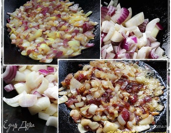 Жарим. Вернее не жарим, а добиваемся прозрачной прожаренности лука минут, знаете, у меня вышло десять. Но тут немало зависит от казана, силы огня и даже масла. Если будете брать растительное, то, вполне может статься, что получится быстрее. Потому что растительное, оно предполагает большую температуру. Одним словом, догоняем лук до такого вот состояния, то высыпаем в казан наши грибочки. 
