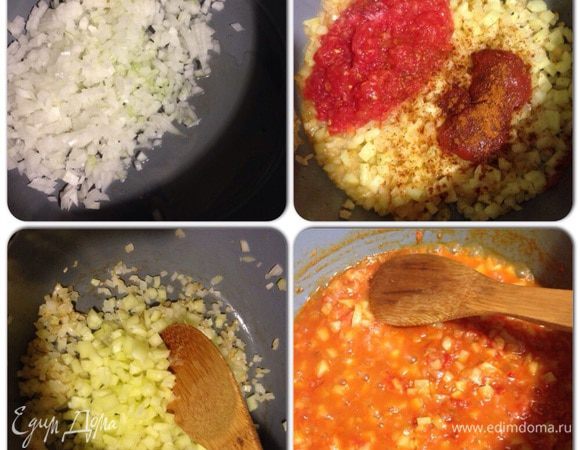 В кастрюле с толстым дном разогреваем масло, добавляем сливочное масло, пассируем лук на медленном огне минут 5. Затем добавляем перец, тушим минут 5. Добавляем помидоры, томатную пасту (в Турции добавляют пасту из перца, у нас ее не найти), добавляем сладкую молотую парику и совсем чуть чуть острого перца, тушим минуты 3.