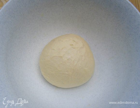 Скатать тесто в шар, выложить в смазанную маслом посуду, накрыть пленкой и поставить подходить на 1 час.