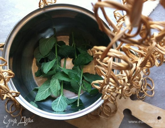 Для начала приготовим мятный сироп, который вы потом сможете использовать  также для приготовления лимонада, чая и разнообразных десертов.
Для этого возьмем мяту (количество регулируем в зависимости от того, насколько насыщенный сироп хотим получить), помоем ее, немного просушим и поместим в кастрюльку. 