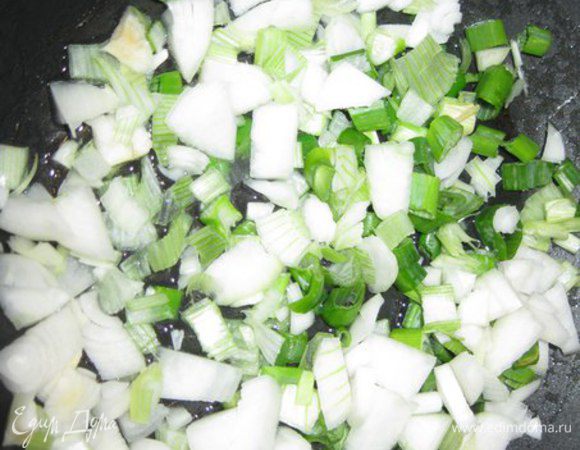 Лук мелко порезать и обжарить на растительном масле. Потом добавляем кабачки и мелко порезанный чеснок. Перемешать, посолить, можно немного поперчить. Жарить 10 минут иногда помешивая.