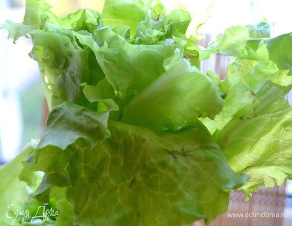 Промываем листья салата.