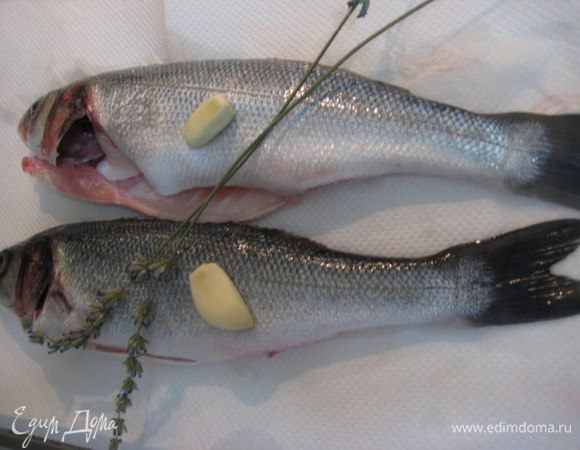 Сибас очистить от внутренностей, жабр, отрезать плавники, очистить от чешуи. Помыть, обсушить бумажными полотенцами. Посолить снаружи и внутри. В брюшко положить по веточке лаванды и зубчику чеснока.