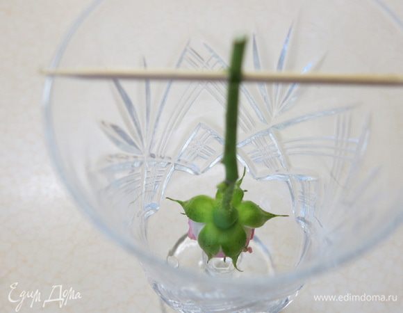 Закрепляем веточки с бутончиками либо на зубочистках, либо на тонких проволочках. Всё, естественно, стерильно. Помещаем бутончики в формы (у меня – колоколо-образные фужеры), так, чтобы они не касались дна. 
Да! У меня бутоны начали всплывать) Пришлось всю конструкцию зафиксировать кофейной ложечкой.